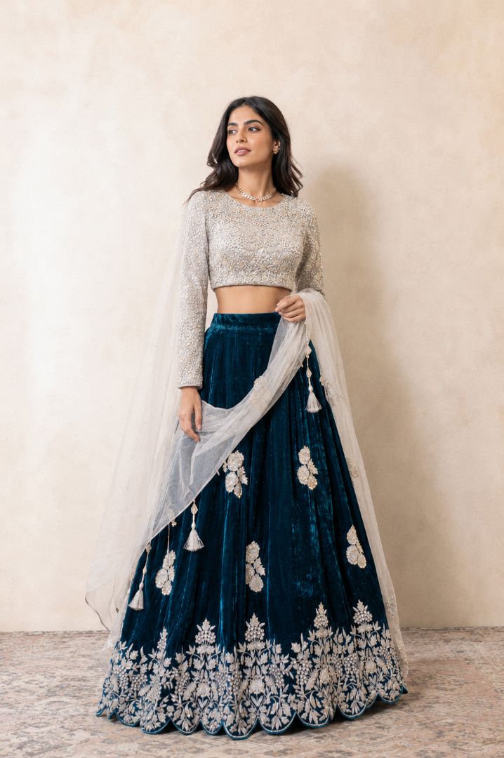 Silver-teal Velvet Bridal Lehenga